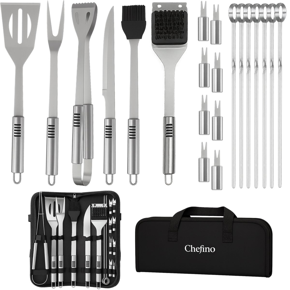 Chefino BBQ Accessoires Set – 21-delig BBQ Pakket – Compleet RVS Barbecue Accessoires met Draagtas – Roestvrijstaal Kamado Accessoires