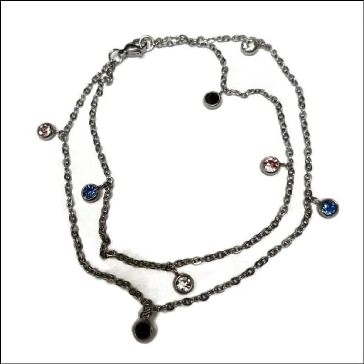 Aramat Jewels | Enkelbandjes | Dubbel Enkelbandje met Zirkonia Steentjes | Multikleur | |3mm | Staal | Volwassenen | Verkleurd niet