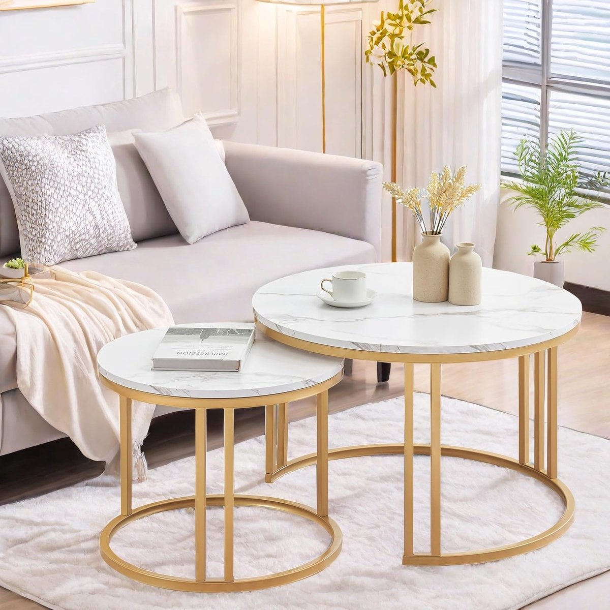 Moderne Salontafel Set van 2 met Marmerlook in Wit en Goud - Diameter 70 + 50 cm, Stapelbaar en Duurzaam
