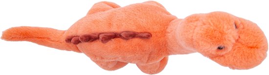Zachte oranje dinosaurus knuffel met bruine stekels op de rug.