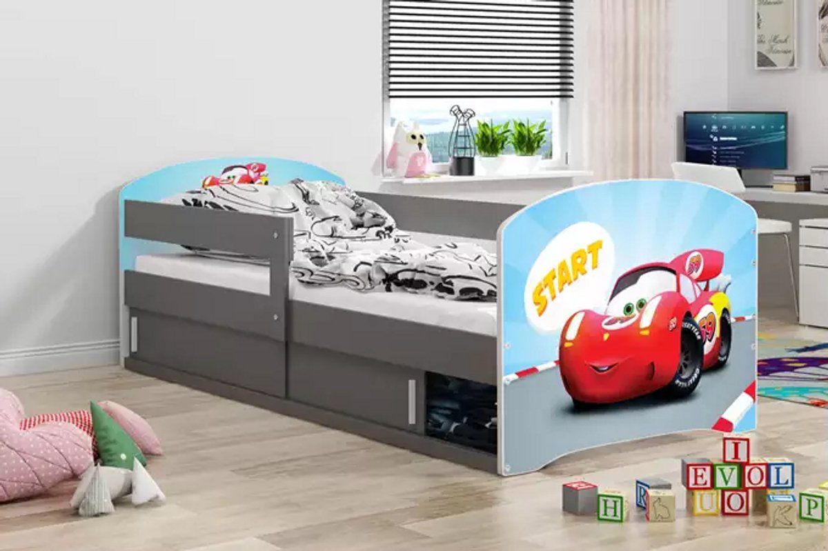 BMS LUKI 1 - Enkel Kinderbed - 80x160 - Met Opbergruimte - Auto Motief - Grafiet