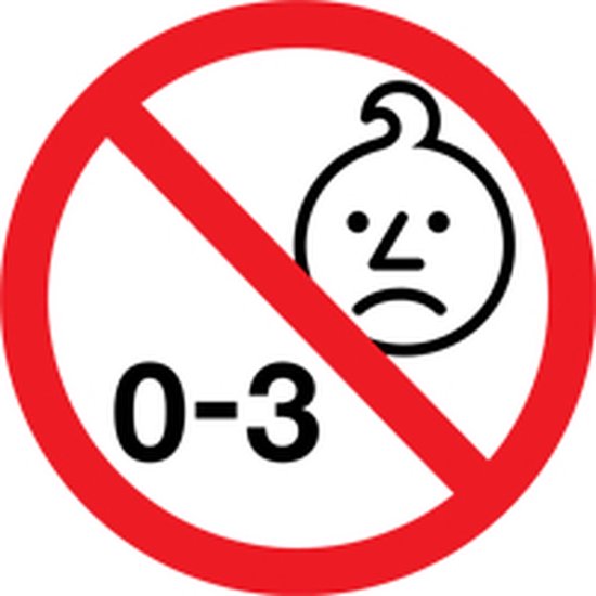 Niet geschikt voor kinderen onder de 3 jaar, rood verbodsbord met een verdrietig gezichtje.