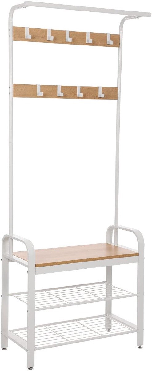 Hoppa! Metalen kapstok met schoenenrek – crème wit – metaal/hout – 72 x 33,7 x 183 cm (B x D x H)