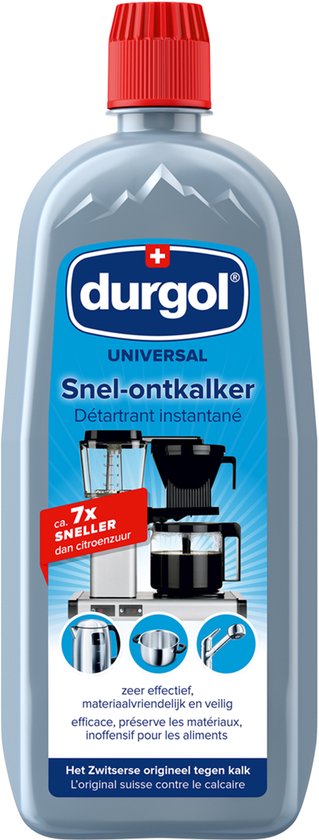 Bouteille de détartrant Durgol universal à bouchon rouge. Montre des images d'une cafetière, d'une bouilloire et d'un robinet.