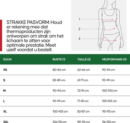 Maattabel voor thermokleding met lichaamsschema. 'Strakke pasvorm'.