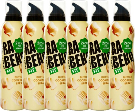 Zes spuitbussen Rabeko Fit boter kookspray, met groene "2 KCAL PER SERVING" stickers en afbeeldingen van boter.