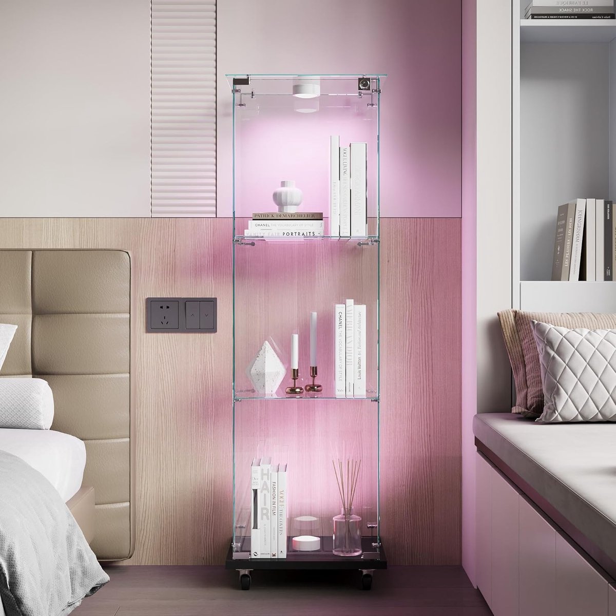 Moderne glazen vitrinekast met LED-verlichting en wielen - 123,3 x 35 x 39,8 cm