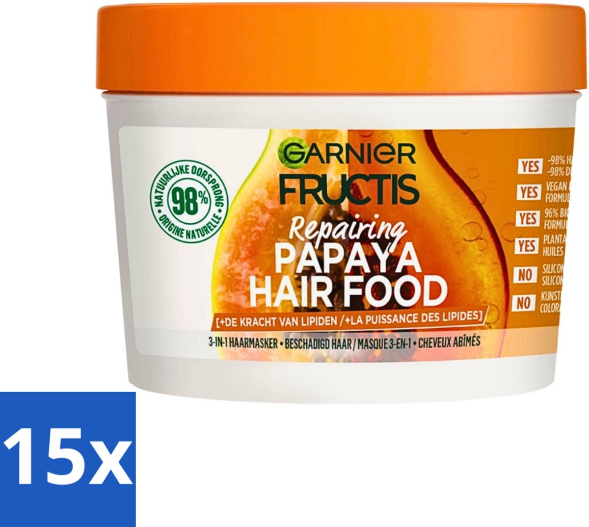 15 x Garnier - Fructis Hair Food Papaya - 3-in-1 Haarmasker - Beschadigd Haar - 400 ml - Haarherstel - Beschadigd Haar - Haarmasker - Papaya-extract - Kokosolie