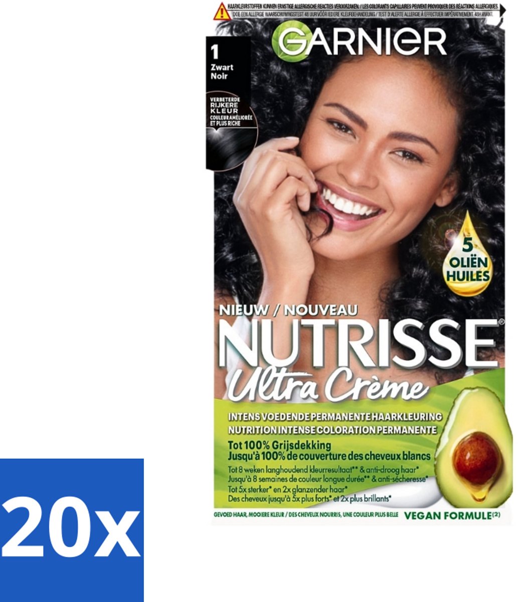 20 x Garnier - Nutrisse Ultra Crème 1 - Haarkleuring - Zwart - Intens Voedend - Permanente Kleur - Haarverf - Permanent Haarverf - Voedend Haarverf - Grijsdekking - Haarverf Zwart
