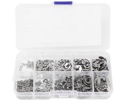 Allecto plus - Set van 580 elastische sluitringen van roestvrij staal - Bevestigingsringen met opbergdoos - Type E - Vaste bevestiging - Sluitringen assortiment