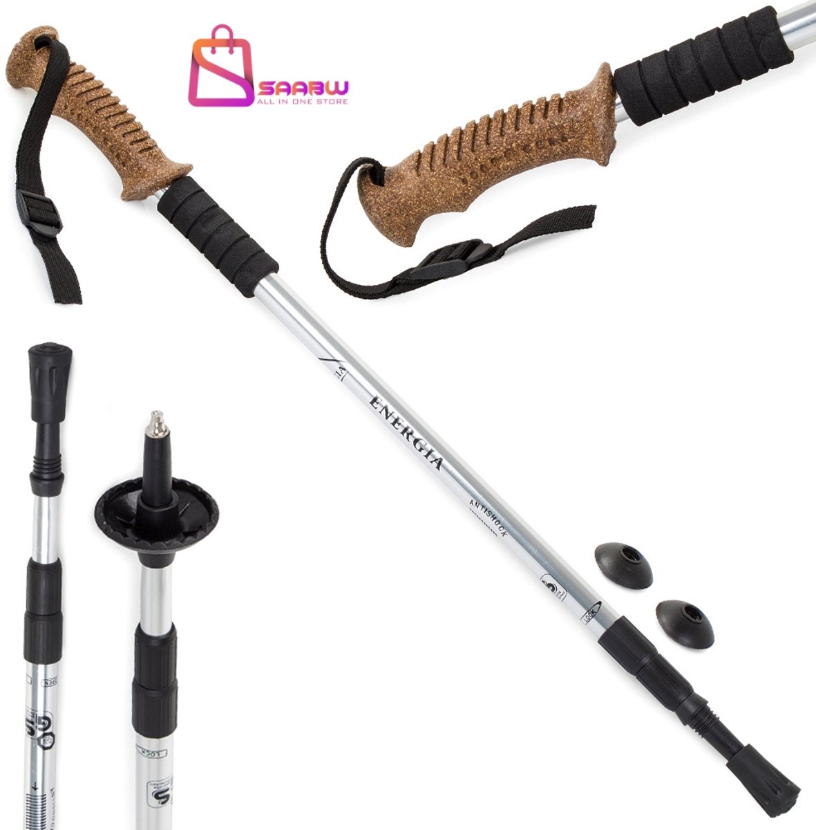 Nordic Walking Stokken 2-delig – Verstelbaar tot 135 cm – Aluminium Wandelstokken met ANTI-Shock & Kurkhandvat – Incl. 3 Opzetstukken – 12827