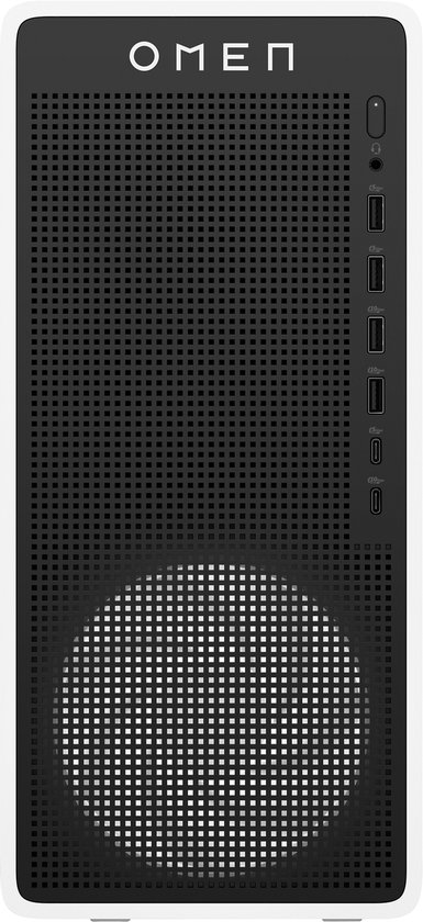 Zwarte OMEN gaming desktop met wit frame, geperforeerd frontpaneel en ventilatoruitsparing.