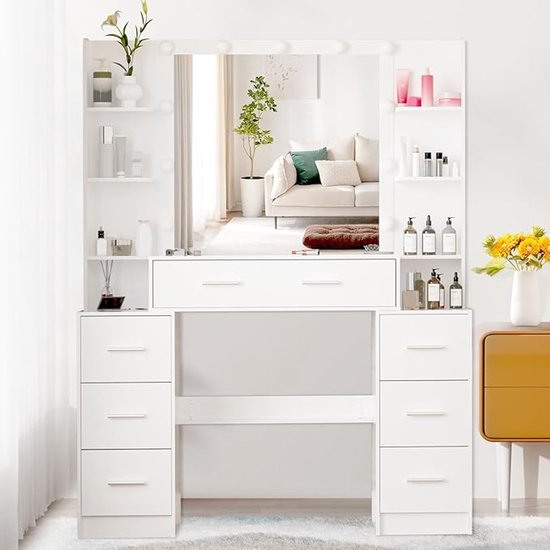 Aovquof Make-uptafel met ledverlichting, 3 kleuren met instelbare helderheid, kaptafel met spiegel voor make-up, make-uptafel met spiegel, modern, wit, M73