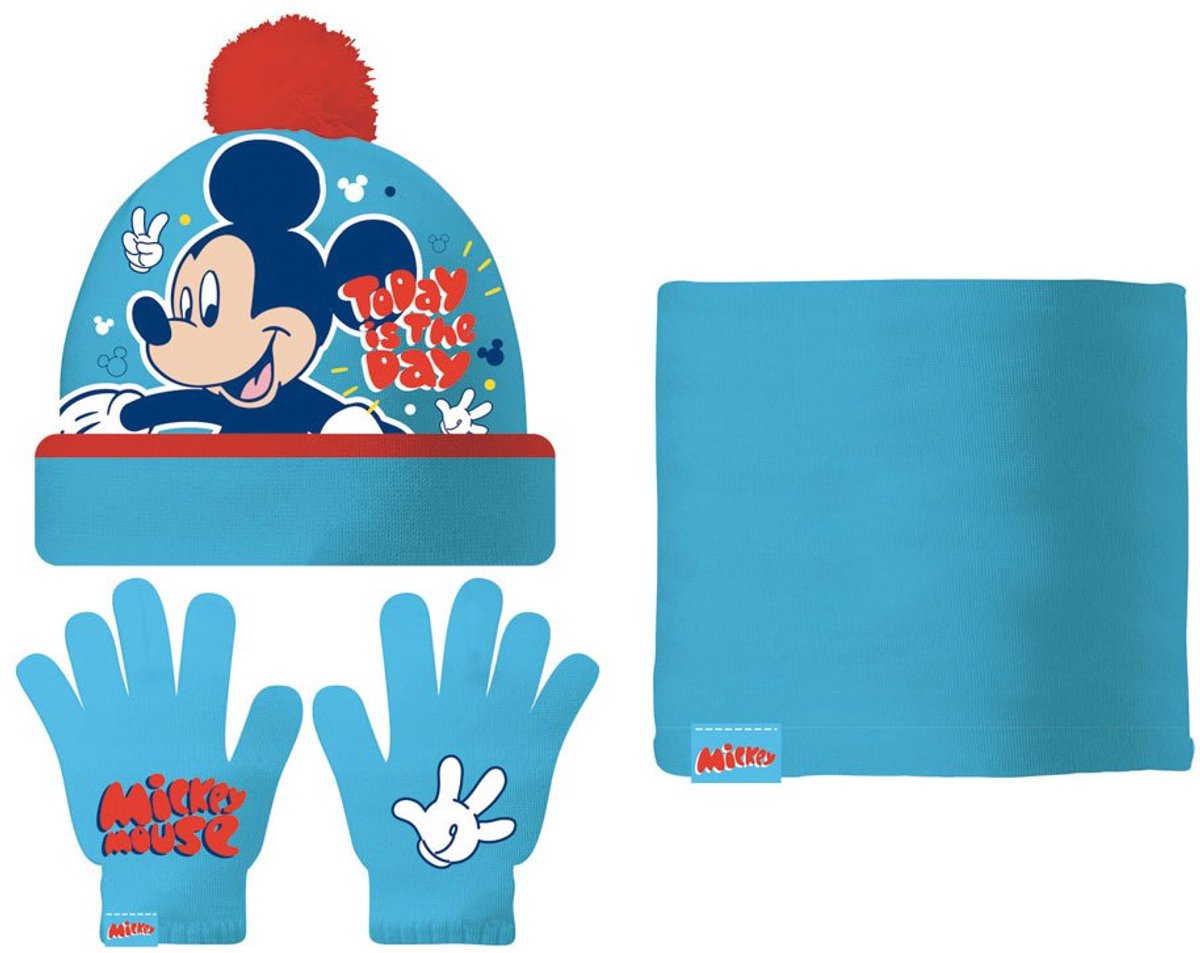 Muts, Handschoenen en Nekwarmer Mickey Mouse Happy smiles Blauw Rood