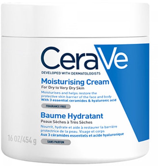 Witte pot CeraVe Moisturising Cream 454g, met blauw en wit label.