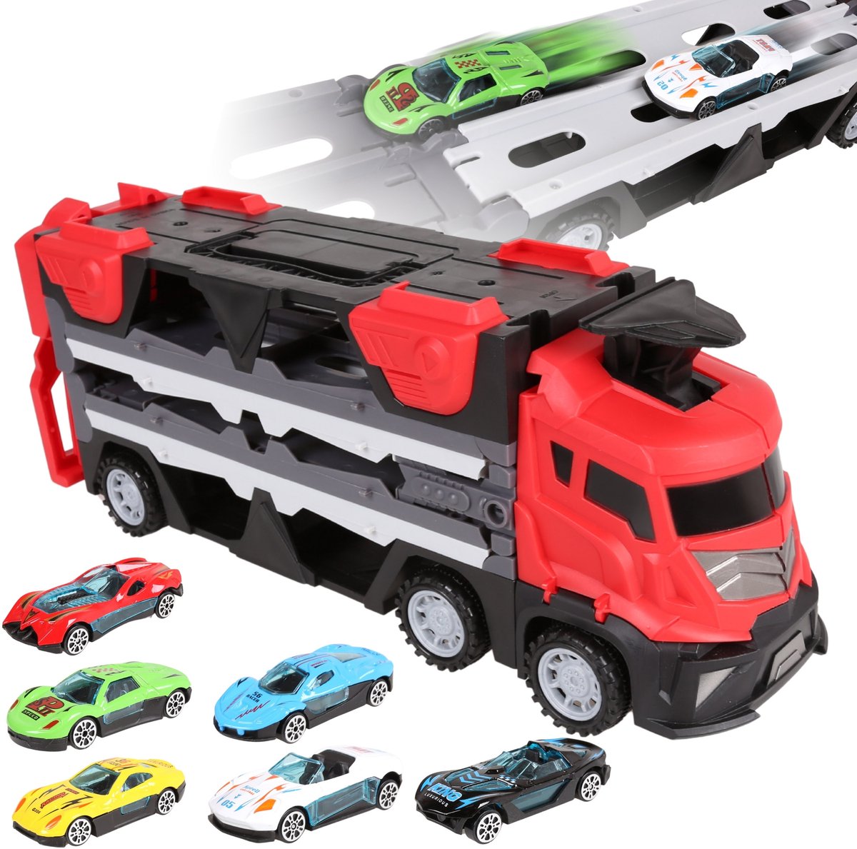 SET takelwagen + auto's, transporter met autootjes, vrachtwagen, LANCERINGSMACHINE voor auto's MEGA CREATIVE 3+