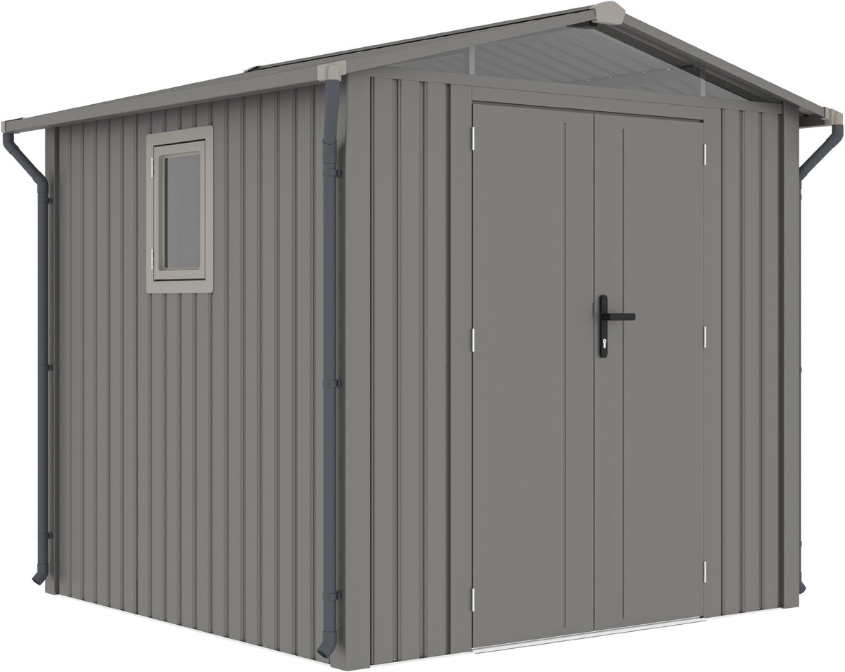 Rockford Braga 200 metalen tuinhuis met zadeldak - Tuinschuur met centraal slot, polycarbonaat ramen en regenpijpen - 240 x 232 cm - Grijs