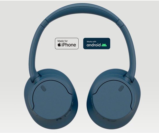 Blauwe Sony WH-CH720N koptelefoon, compatibel met iPhone en Android.