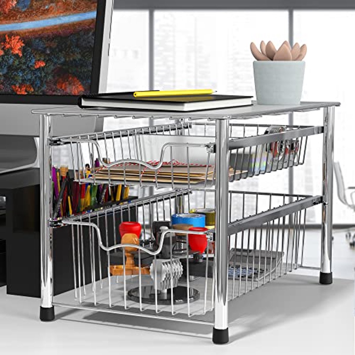 Stapelbare 2 Tier Sliding Basket Organizer voor Keuken en Badkamer