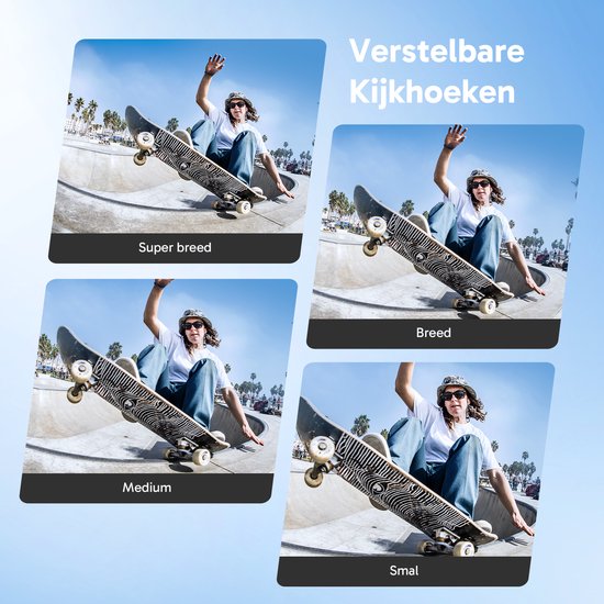 Vier foto's van een skateboarder in een skatepark, die verschillende kijkhoeken tonen: super breed, breed, medium en smal.