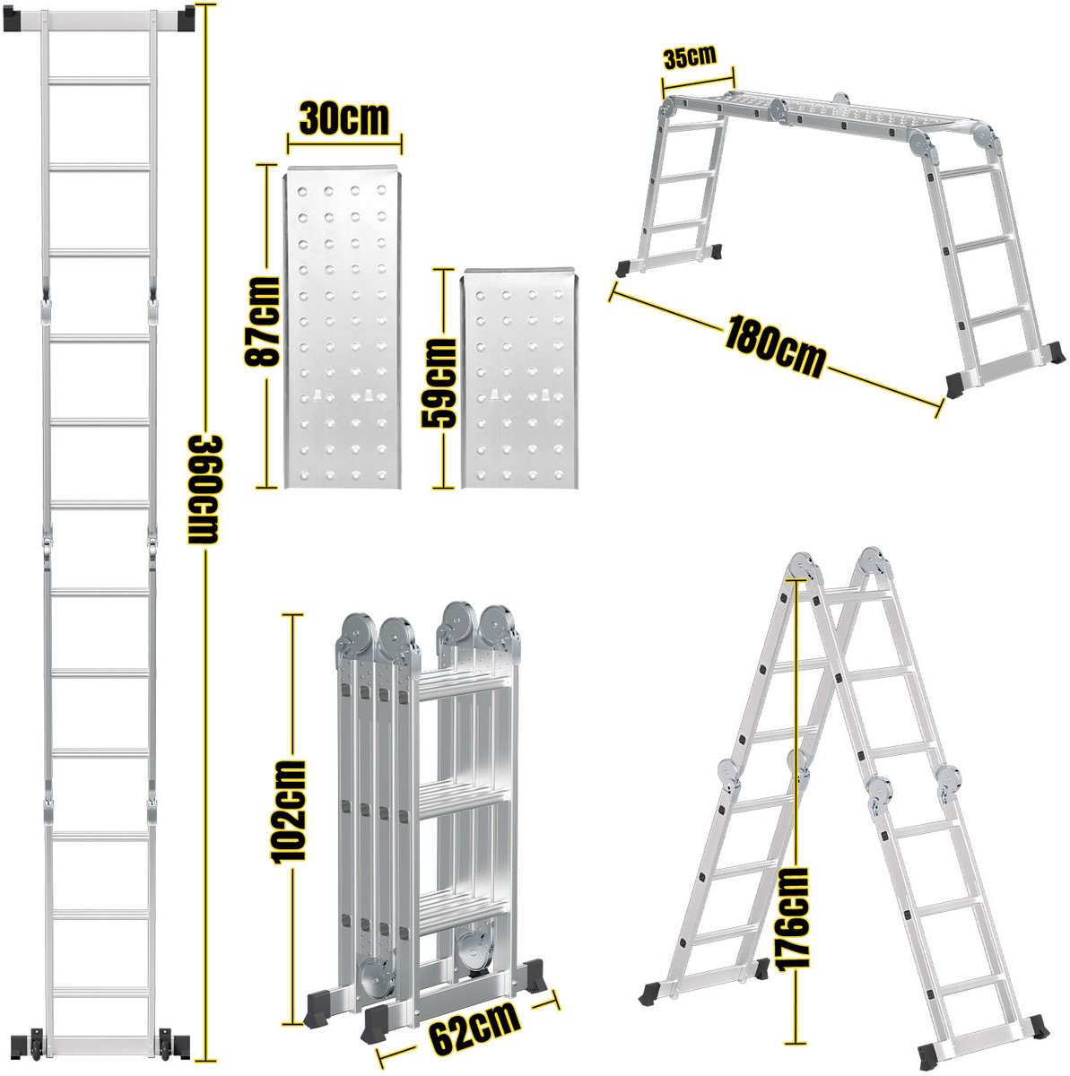Multifunctionele vouwladder 6 in 1 - 3.6M Vouwladder 4 x 3 treden met platform - Draagvermogen tot 150 kg, Aluminium Ladder, Mobiele Multifunctionele Ladder met Werkplatform, Stelling, Aluminium Rolsteiger, Huishoudladder - Zilver – foto 8