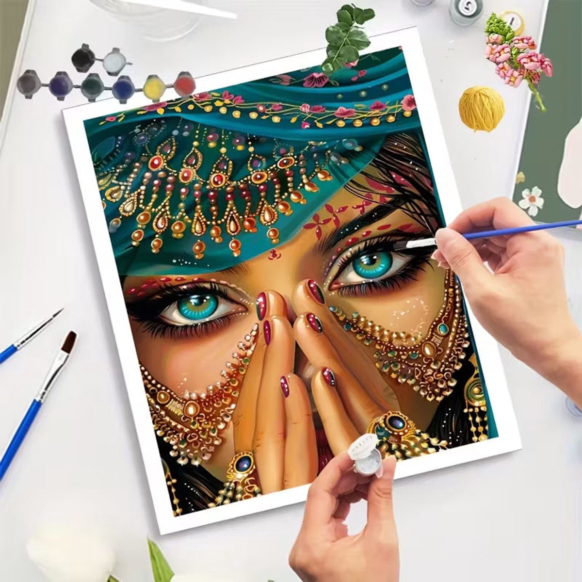 Paint by numbers Volwassenen– schilderen op nummer – Creatieve hobby - Ontspanning Thuis - Cadeau idee - Compleet pakket - DIY decoratie - Portret - The Jewel of Jaipur — afbeelding 7