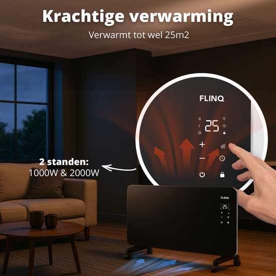 Zwarte FlinQ convectorkachel met display en verwarmingspijlen, hand bedient.