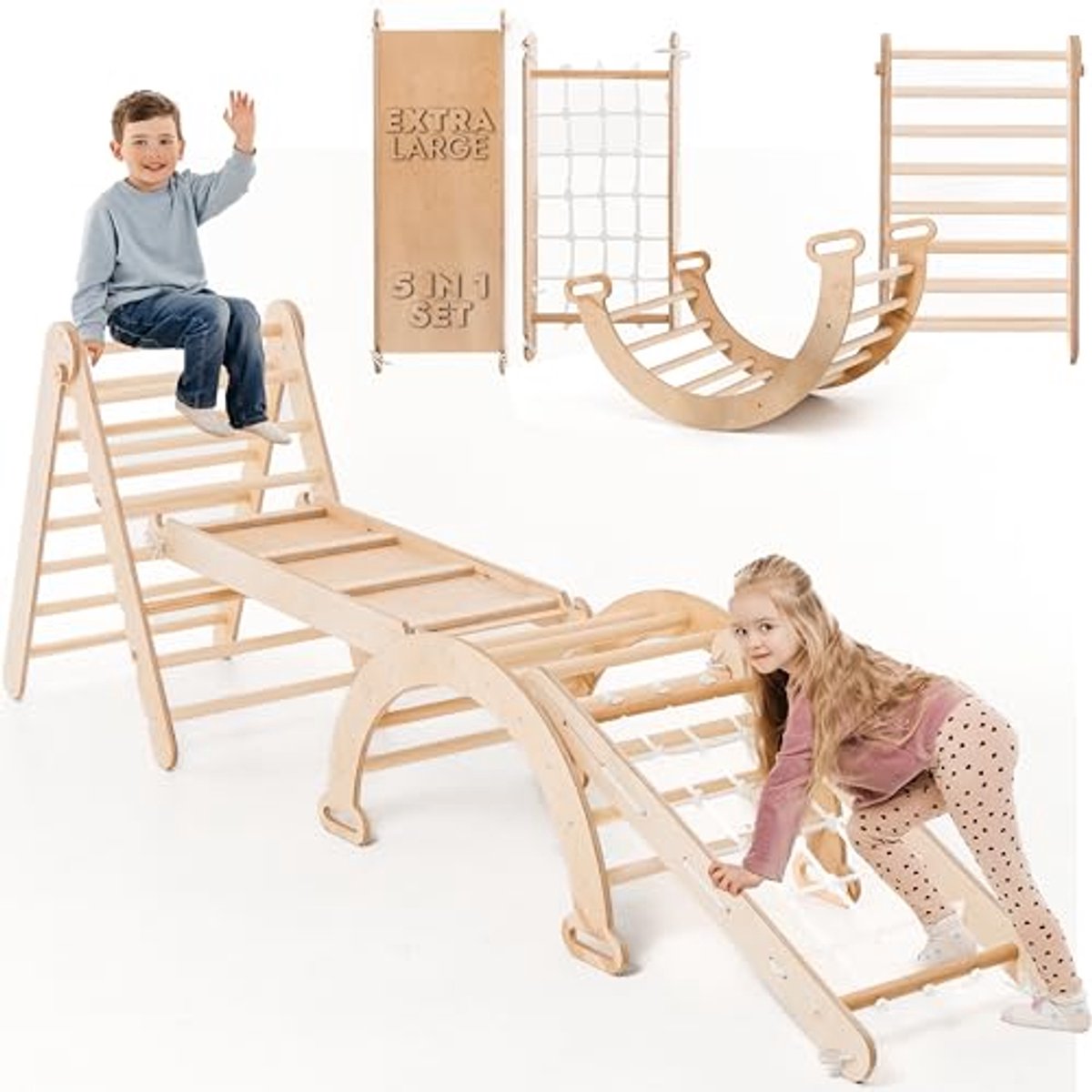 4-in-1 Speel- en Klimframe voor Peuters - Houten Driehoek, Boog, Klimhelling & Net, Montessori Klimframe, Opvouwbaar Speelgoed voor Kinderen van 1-5 Jaar