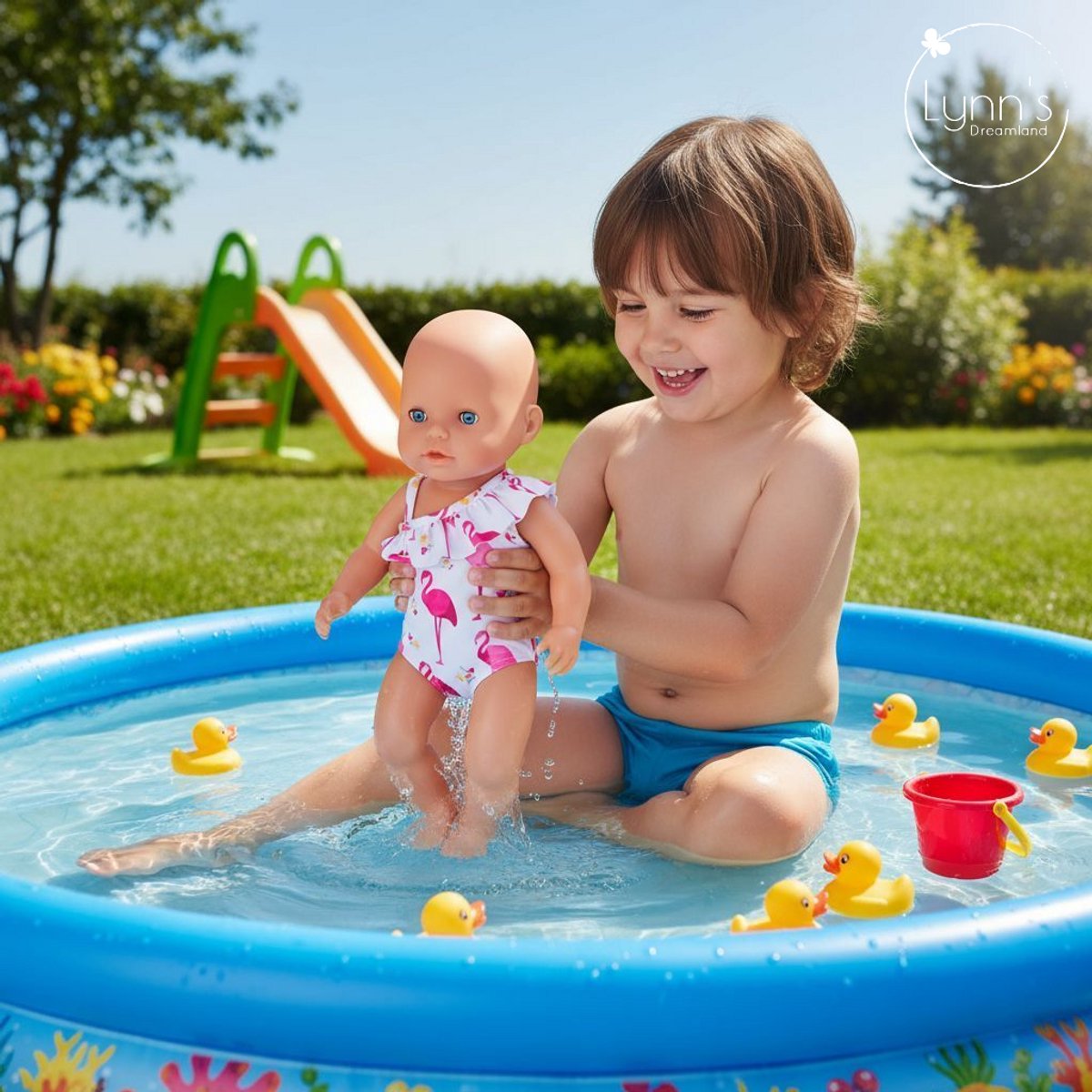 Poppenkleertjes voor babypop 43 cm - Roze flamingo badpak - In cadeauzakje - Poppenkleding geschikt voor o.a. Baby Born pop — afbeelding 7
