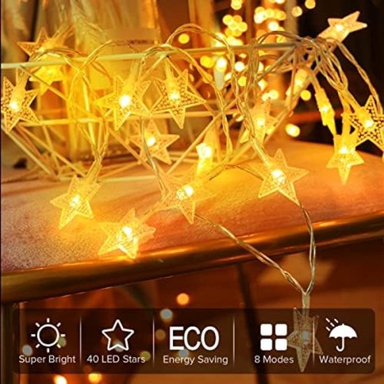 Guirlande Éclairage de Noël à piles de 6 mètres, 40 LED étoiles, 8 modes d'éclairage, étanche IP65, pour une Éclairage de fête intérieure et Plein air, idéale pour Noël, les anniversaires, le Jardin et la décoration de chambre.