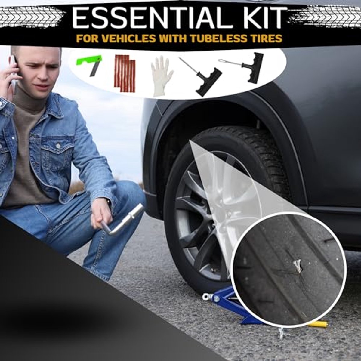 Bandenreparatieset voor Auto en Motor - Snelle Oplossing voor Lekke Banden in 15 Minuten - Inclusief Afdichtstrips en Gereedschap