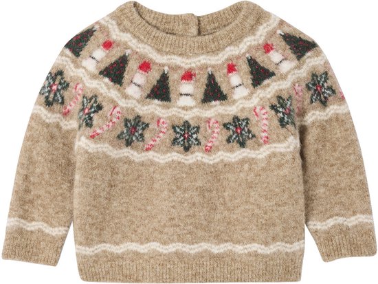 Beige babyjongenstrui met ronde hals, lange mouwen en kerstprint van kerstbomen, sneeuwvlokken en kerststokjes.