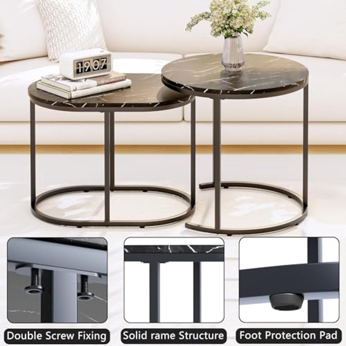 Set van 2 Ronde Nesttafels met Metalen Frame voor Woonkamer en Slaapkamer