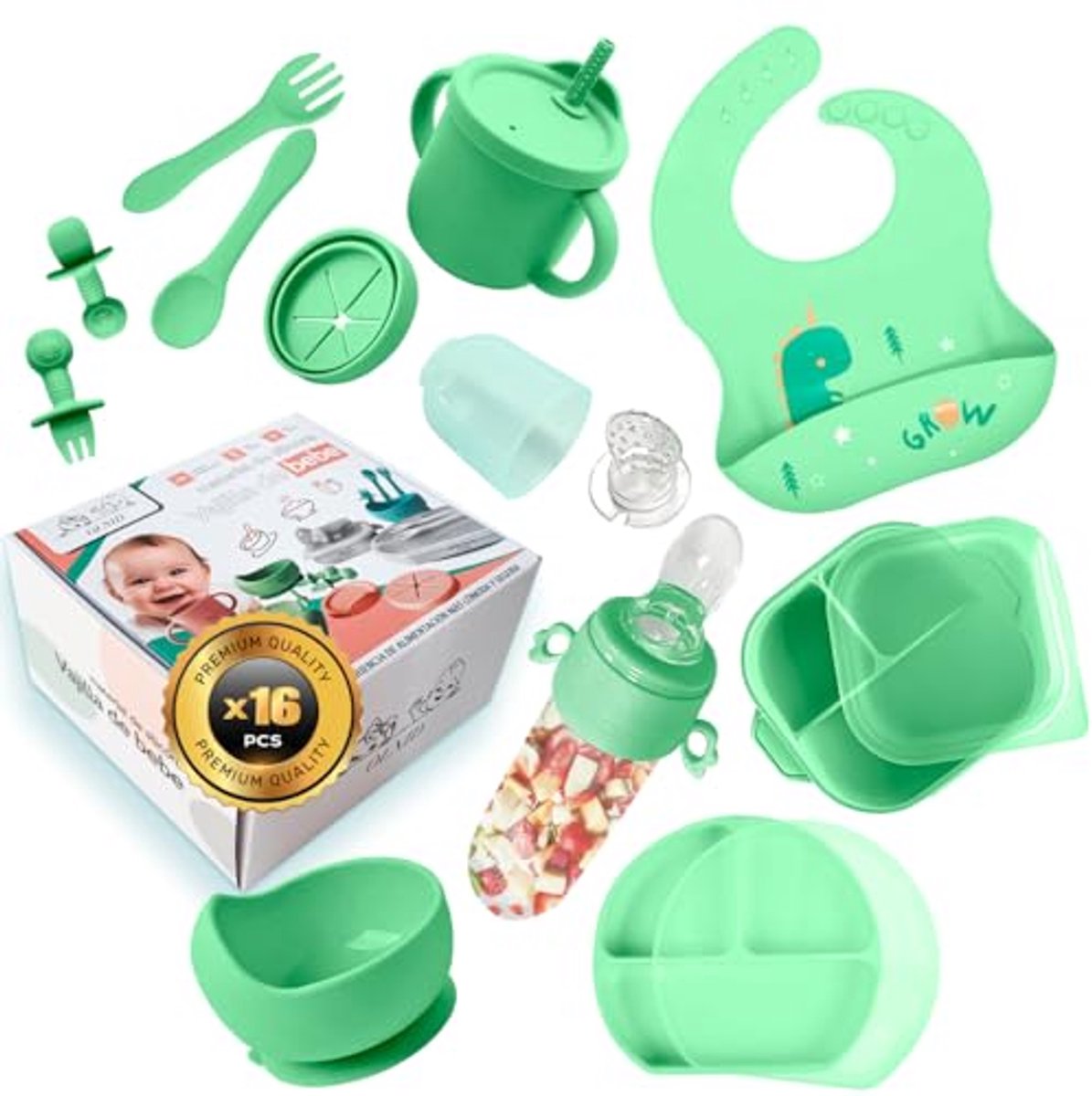 Babyservies van siliconen en fopspeen in groentint