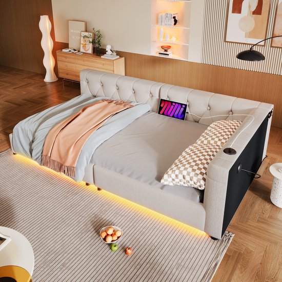 Slaapbank, dagbed met USB type-C, 90 x 200 cm, gestoffeerd bed met lattenbodem (zonder matras), sfeerverlichting met afstandsbediening, hoofdeinde met knoopsgat
