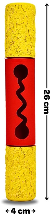 Rood en geel honden speeltje met uitsparingen, 26 cm lang en 4 cm breed.