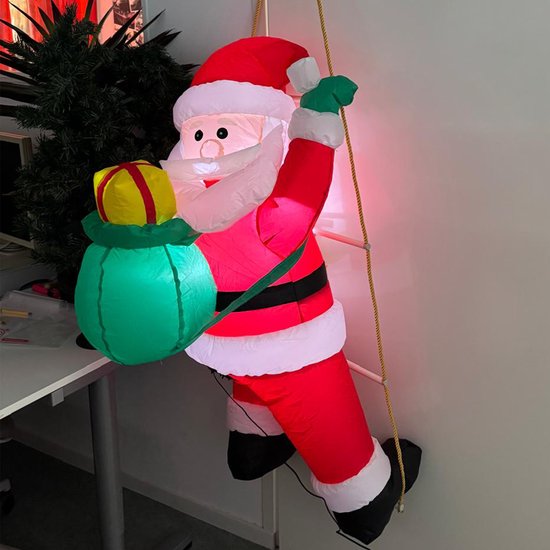 Père Noël HEM sur échelle avec sac à dos Opblaasbaar 122 cm - Siècle des Lumières LED - Avec souffleur et Ladder - Polyester imperméable - Pour une utilisation intérieure et extérieure avec sac de rangement