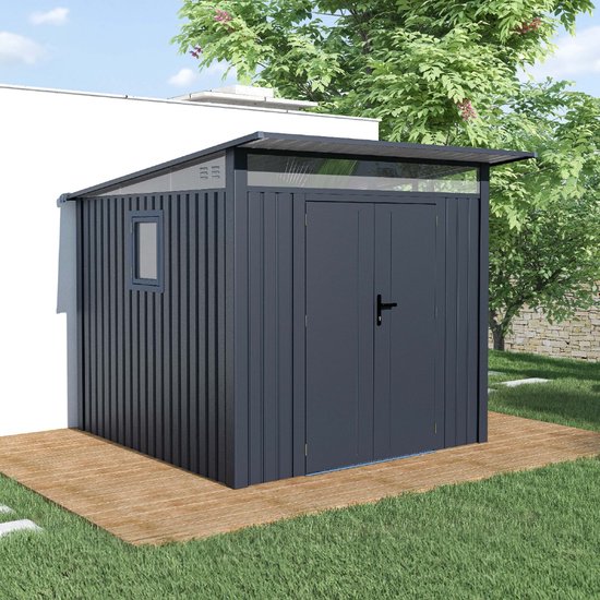 Rockford Porto 200 metalen tuinhuis met lessenaarsdak - Tuinschuur met centraal slot, polycarbonaat ramen en regenpijpen - 232 x 254 cm - Antraciet