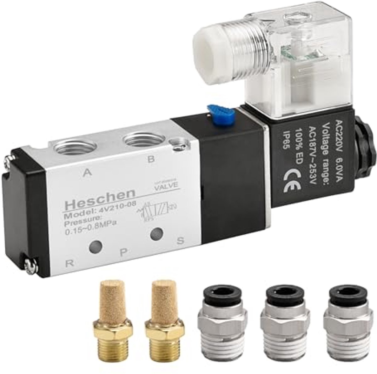 Elektrisch pneumatisch magneetventiel 4V210-08 met 220 VAC en geluiddemper - 5-weg en 2 posities