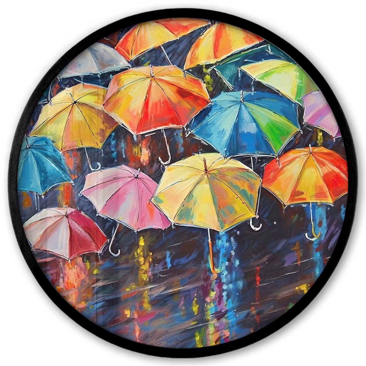 FrameYourWall Poster in lijst Rond - Fotolijst 40x40 cm - Posters - Paraplu's - Schilderij - Kunst - Regenboog - Ronde posterlijst zwart - Decoratie - Wanddecoratie woonkamer - Muurdecoratie slaapkamer Paraplu's - Verf