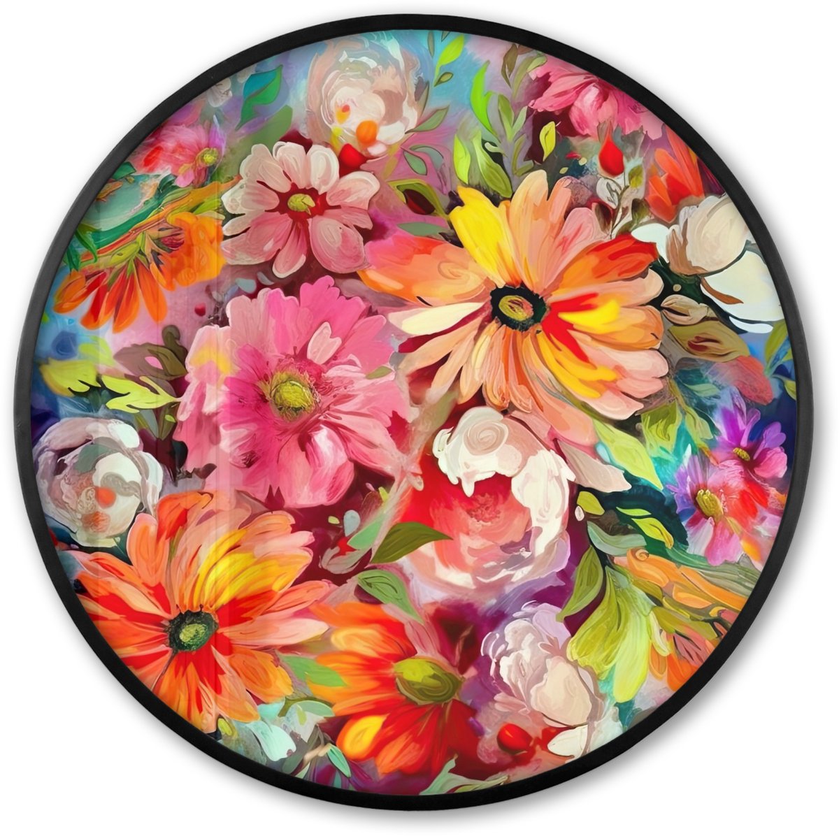 FrameYourWall Poster in lijst Rond - Fotolijst 60x60 cm - Posters - Bloemen - Kunst - Schilderij - Botanisch - Ronde posterlijst zwart - Decoratie - Wanddecoratie woonkamer - Muurdecoratie slaapkamer Bloemen - Oil Painting
