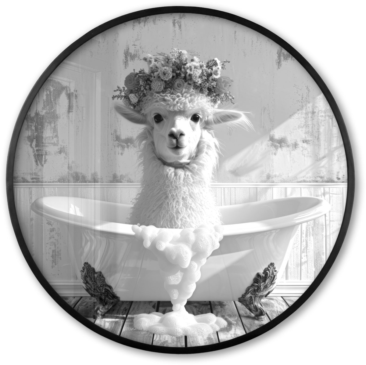 FrameYourWall Poster in lijst Rond - Fotolijst 80x80 cm - Posters - Alpaca - Bloemen - Dier - Bad - Zwart - Wit - Ronde posterlijst zwart - Decoratie - Wanddecoratie woonkamer - Muurdecoratie slaapkamer Alpaca - Badkuip