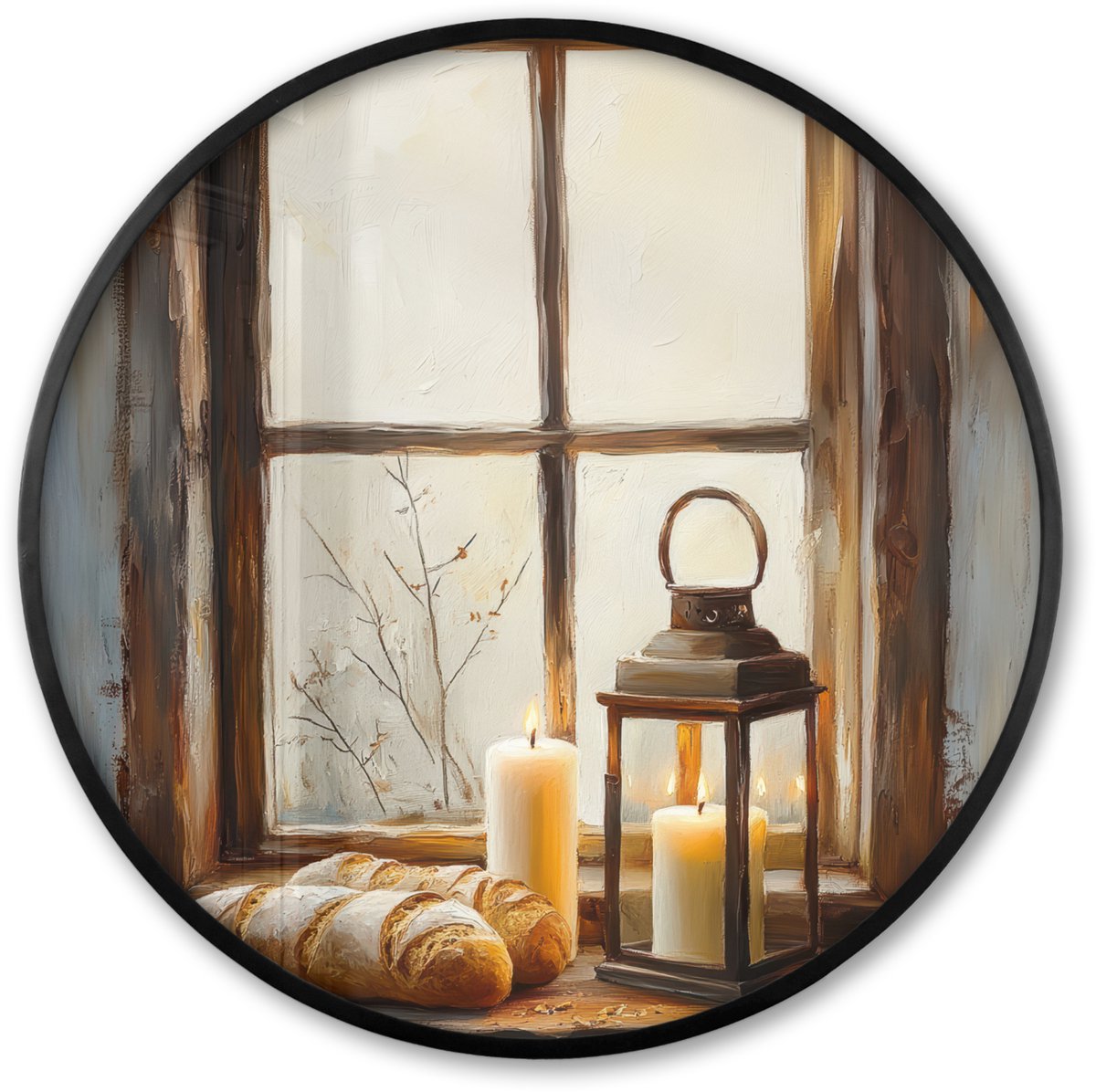 FrameYourWall Poster in lijst Rond - Fotolijst 80x80 cm - Posters - Stilleven - Rustiek - Kaarsen - Broden - Raam - Ronde posterlijst zwart - Decoratie - Wanddecoratie woonkamer - Muurdecoratie slaapkamer