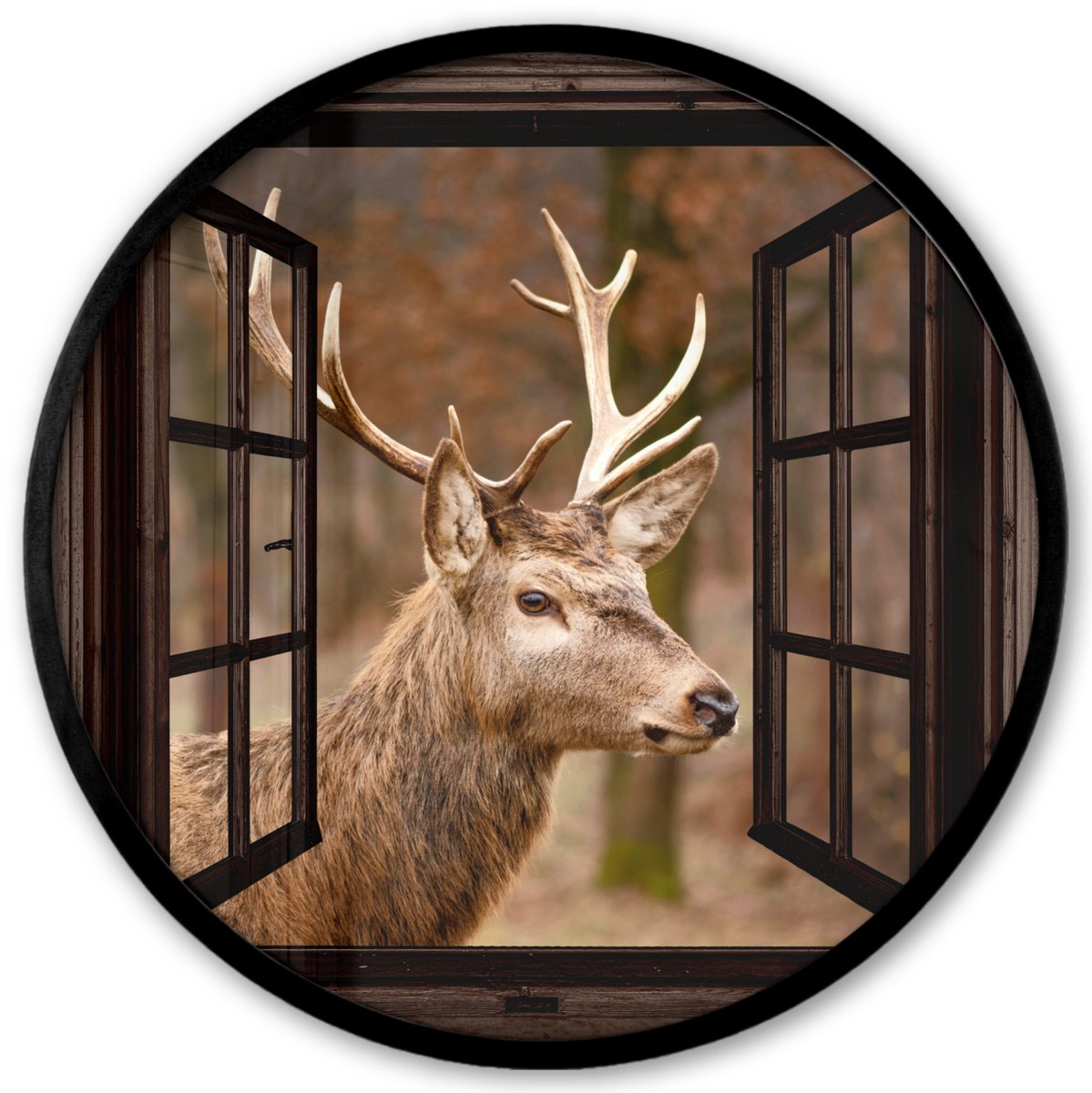 FrameYourWall Poster in lijst Rond - Fotolijst 40x40 cm - Posters - Hert - Dier - Bos - Herfst - Hertenkop - Bruin - Doorkijk - Ronde posterlijst zwart - Decoratie - Wanddecoratie woonkamer - Muurdecoratie slaapkamer