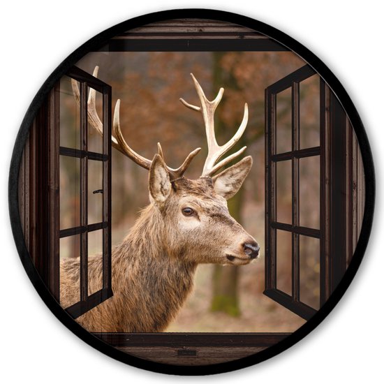 Affiche encadrée ronde - Cadre photo 40x40 cm - Posters - Cerf - Animal - Forêt - Automne - Tête de cerf - Marron - Transparent - Cadre rond noir - Décoration - Décoration murale salon - Décoration murale chambre