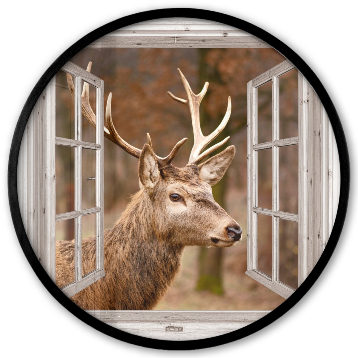 FrameYourWall Poster in lijst Rond - Fotolijst 40x40 cm - Posters - Hert - Dier - Bos - Herfst - Hertenkop - Bruin - Doorkijk - Ronde posterlijst zwart - Decoratie - Wanddecoratie woonkamer - Muurdecoratie slaapkamer