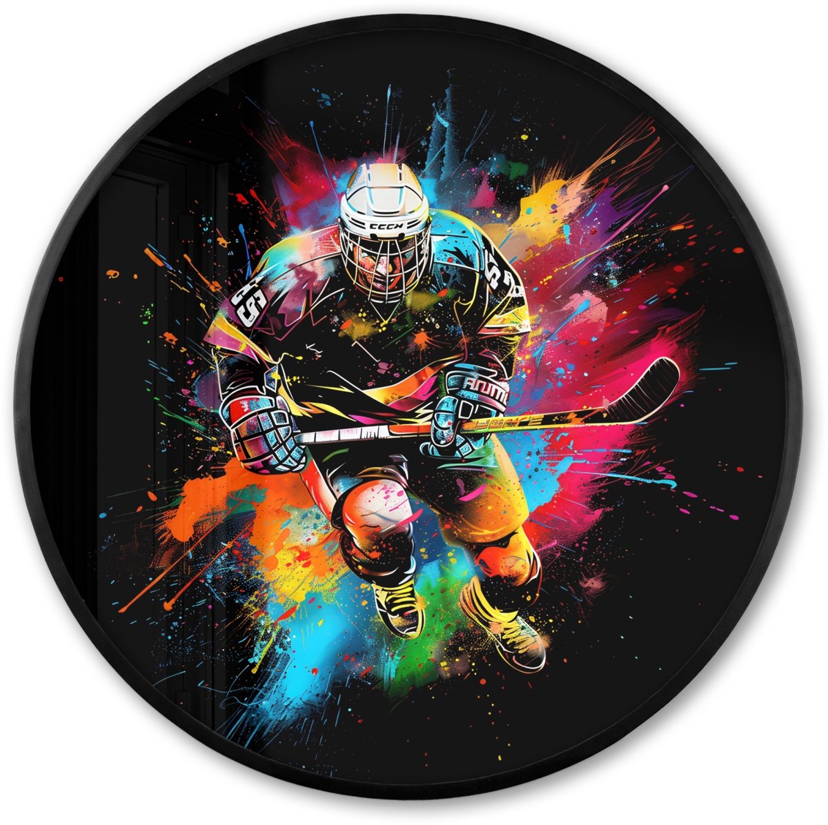 FrameYourWall Poster in lijst Rond - Fotolijst 80x80 cm - Posters - Graffiti - Sport - IJshockey - Hockey - Ronde posterlijst zwart - Decoratie - Wanddecoratie woonkamer - Muurdecoratie slaapkamer IJshockeyer
