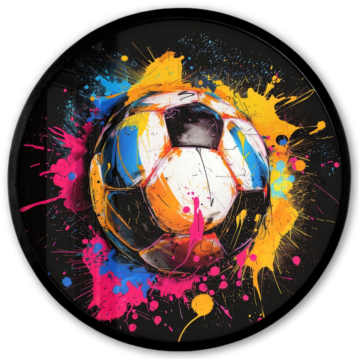 FrameYourWall Poster in lijst Rond - Fotolijst 40x40 cm - Posters - Graffiti - Sport - Voetbal - Verf - Bal - Ronde posterlijst zwart - Decoratie - Wanddecoratie woonkamer - Muurdecoratie slaapkamer