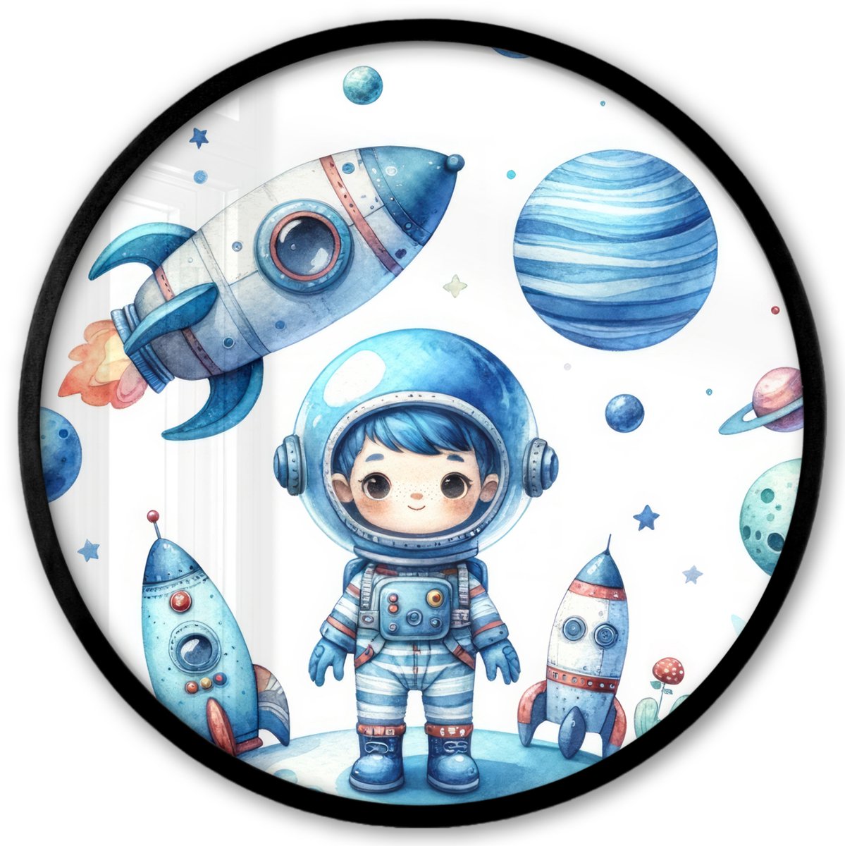 FrameYourWall Poster in lijst Rond - Fotolijst 40x40 cm - Posters - Ruimte - Blauw - Astronaut - Raket - Planeten - Ronde posterlijst zwart - Decoratie - Wanddecoratie woonkamer - Muurdecoratie slaapkamer