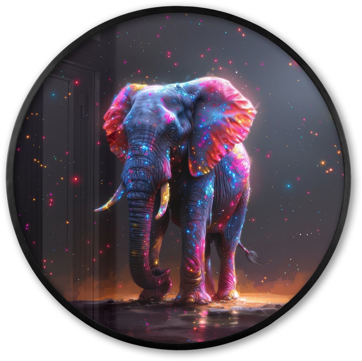 FrameYourWall Poster in lijst Rond - Fotolijst 80x80 cm - Posters - Olifant - Kleuren - Sterren - Dier - Ronde posterlijst zwart - Decoratie - Wanddecoratie woonkamer - Muurdecoratie slaapkamer